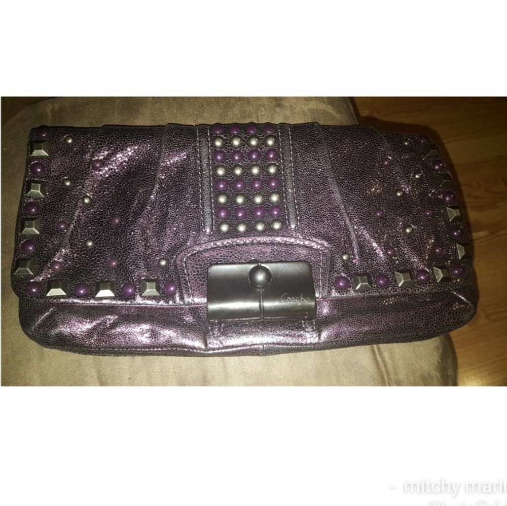 COACH purple metallic studded clutch